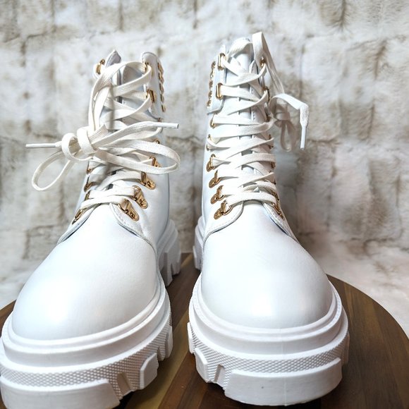 * Mata Shoes White Vegan Leather Studded Detail Fashion Combat Ankle Boots - Picture 7 of 15